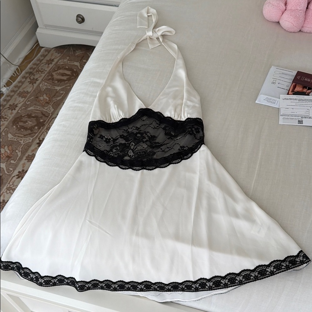 Frankie’s bikinis Aubrey Audrey Ivory Halter Nightdress with Black Lace Insets